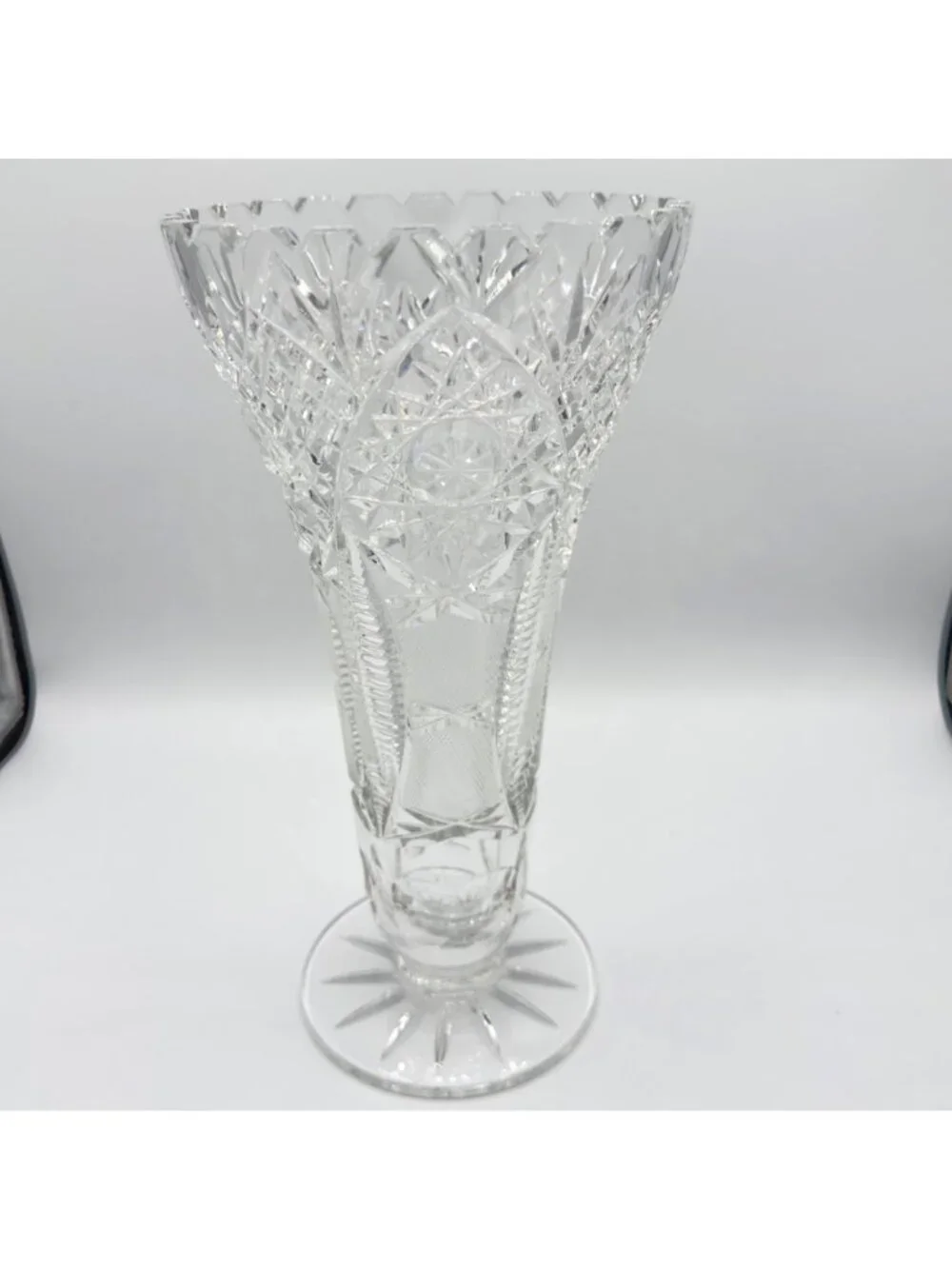 Vintage American Brilliant Cut Glass Trumpet Vase Hobstar 10